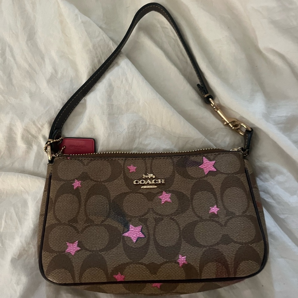 Coach Signature Brown Wristlet with Pink Stars
